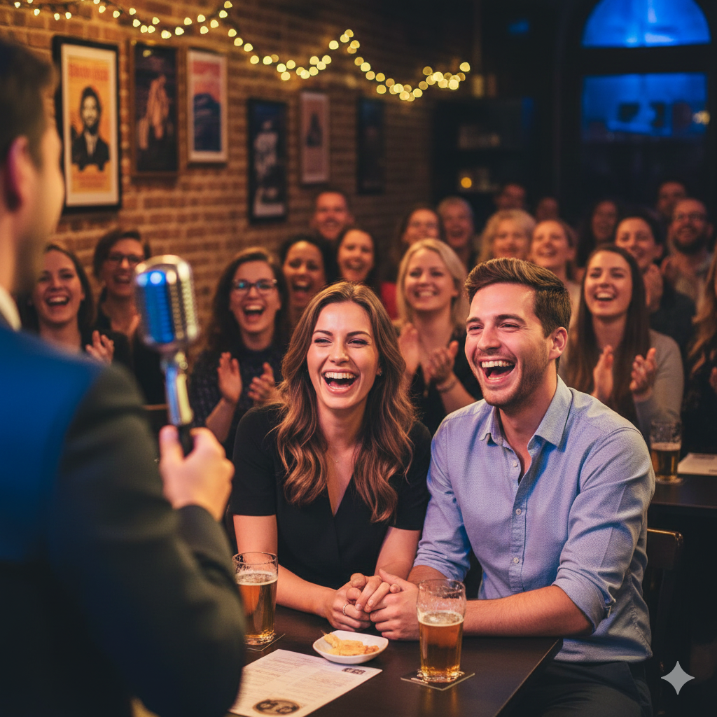 Ein glückliches Paar sitzt lachend in einem Comedy-Club und genießt einen Drink während einer Live Stand-up Show.