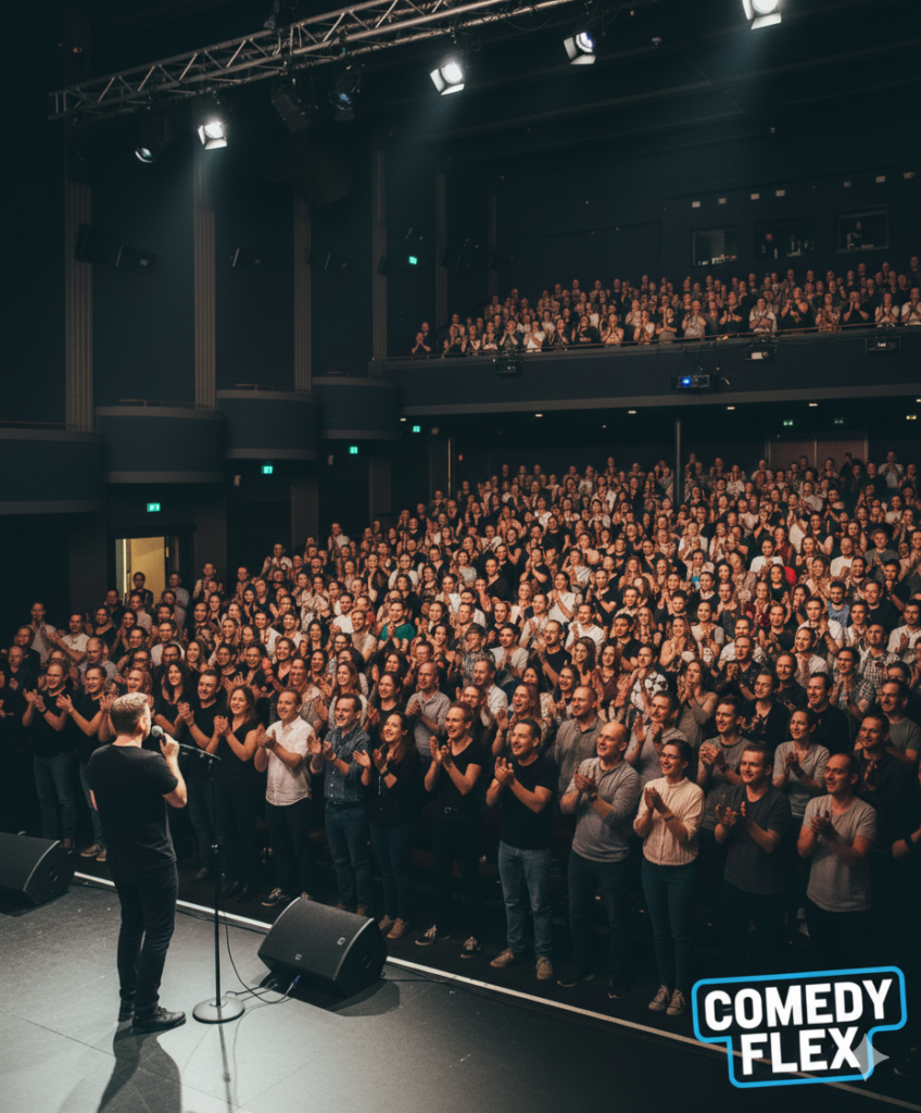 Ein lachendes Publikum in einem stimmungsvoll beleuchteten Comedy-Club in Südbaden während einer Stand-up-Show.