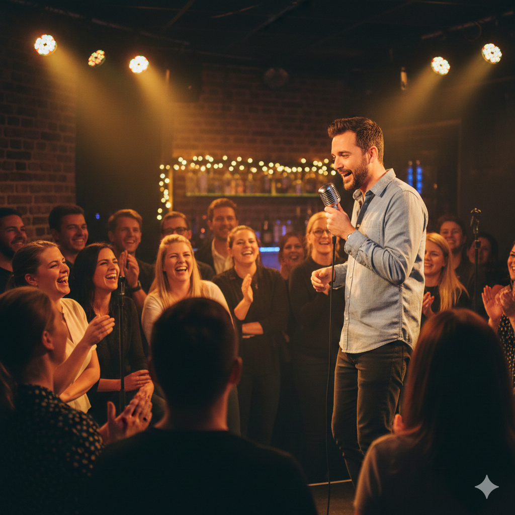 Ein lachendes Publikum bei einer Live Stand-up Comedy Show von Comedy Flex in einem stimmungsvollen Club.