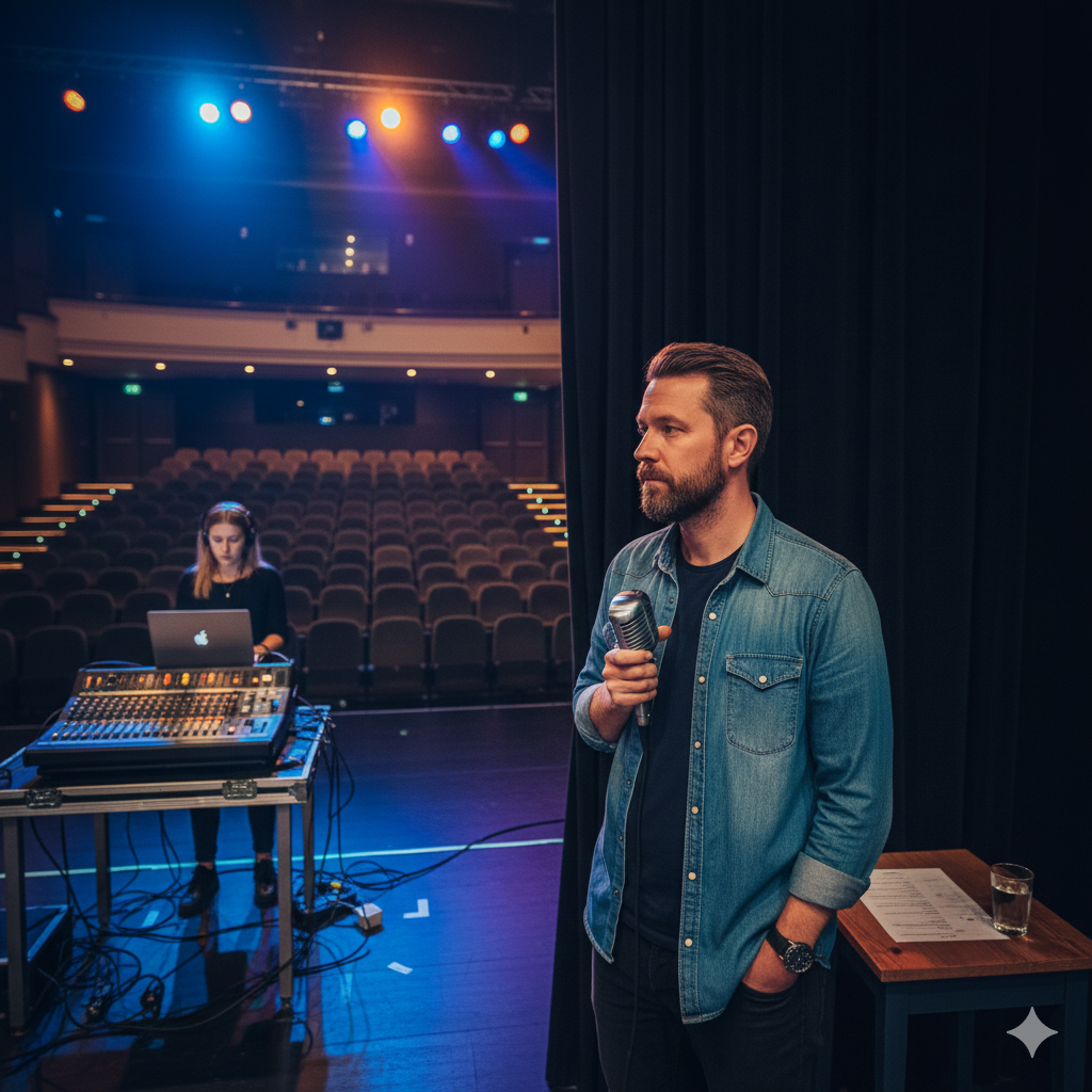 Blick hinter die Kulissen eines Comedy-Clubs: Ein Comedian bereitet sich am Mikrofon auf seinen Auftritt vor, während im Hintergrund das Team die Technik prüft.